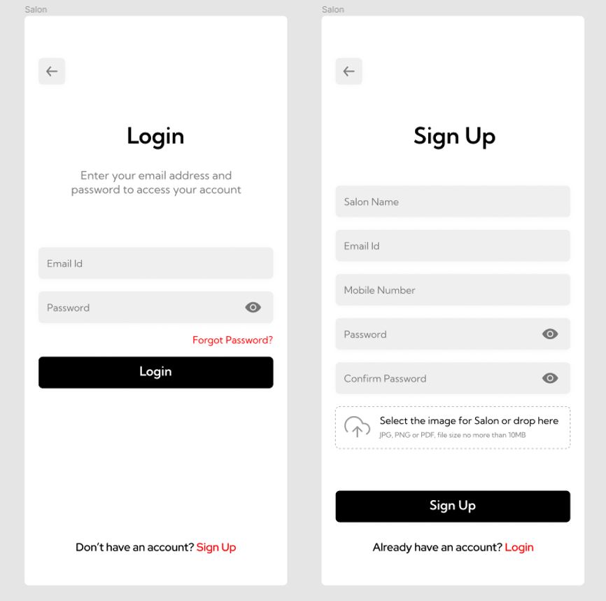 Login page and Sign up page of app