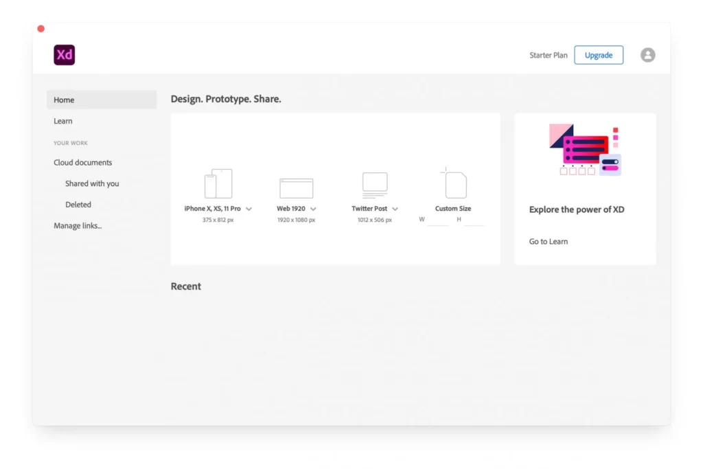 Adobe XD web design tool dashboard